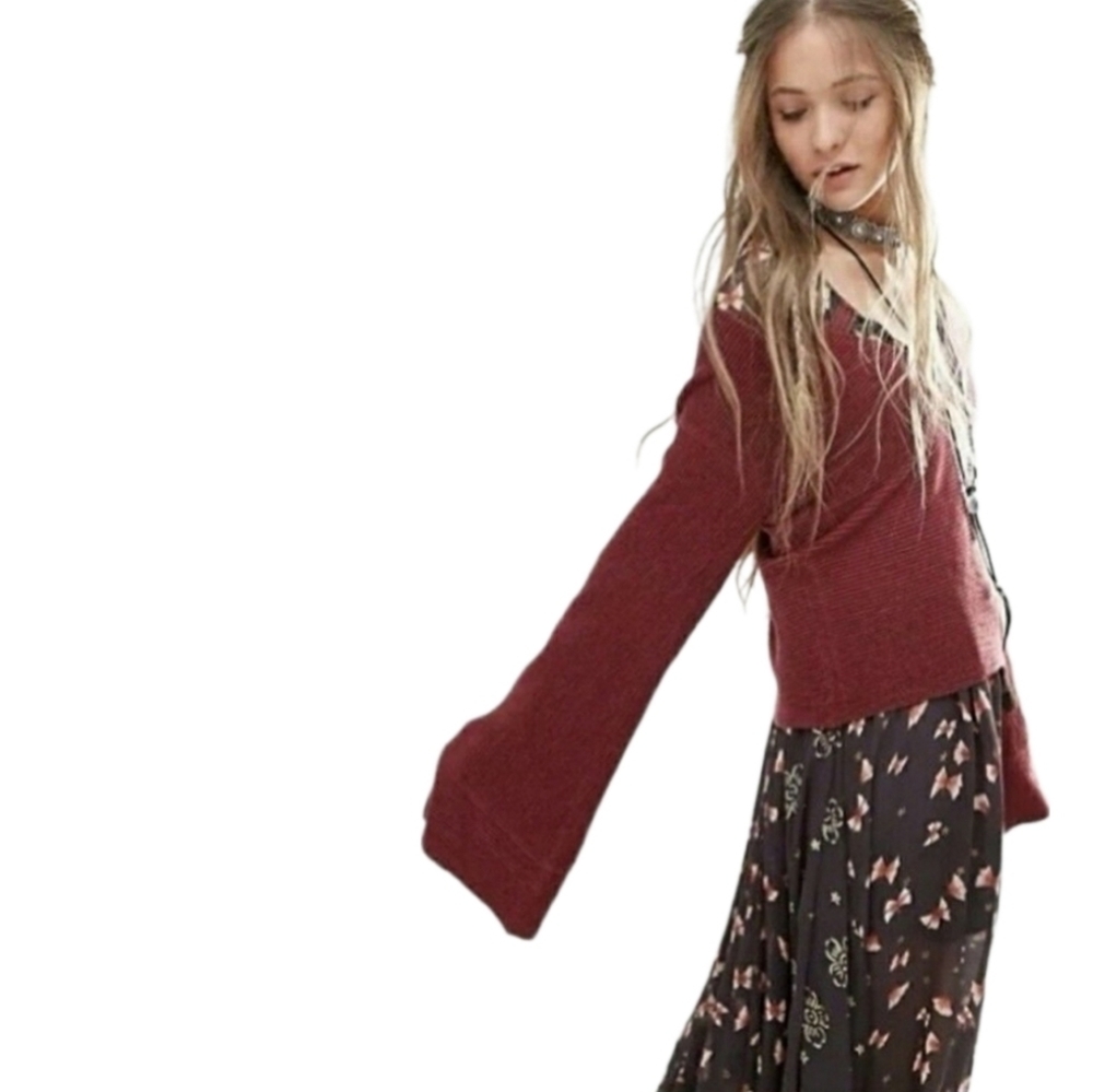 FREE People Starman Ribbed Burgundy Wool Blend Top Bell Flared Sleeves Small - Picture 2 of 10